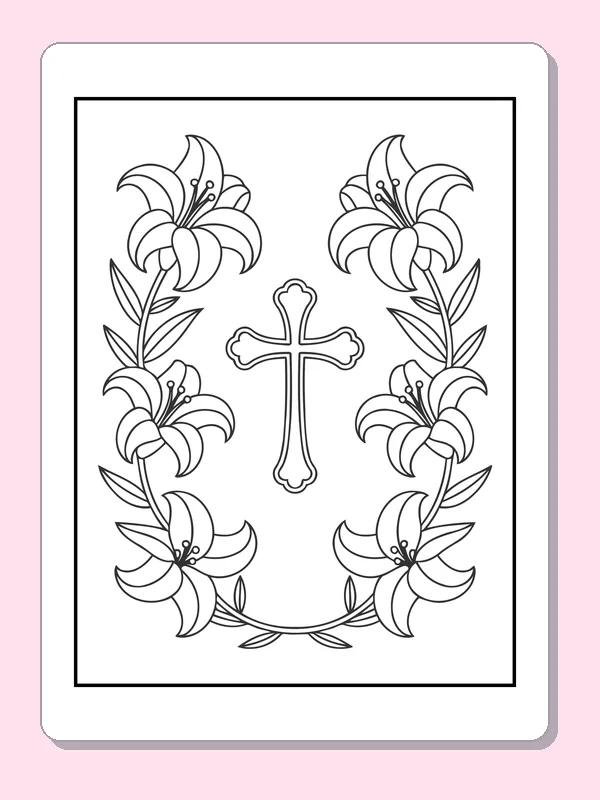 Black and white printable cross framed by easter lilies coloring sheet