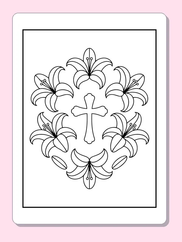 Black and white printable lily wreath with a central cross coloring sheet