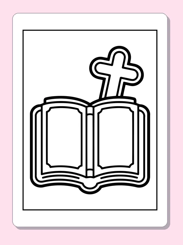 Black and white printable open bible with a small cross coloring sheet