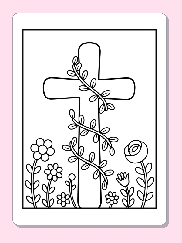 Black and white printable vine wrapped around a garden cross coloring sheet