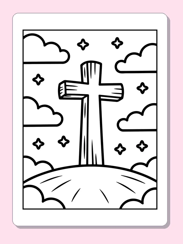 Black and white printable wooden cross on a cloudy hill coloring sheet