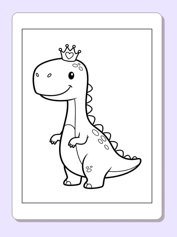 Black and white printable dinosaur with a tiny heart crown coloring sheet