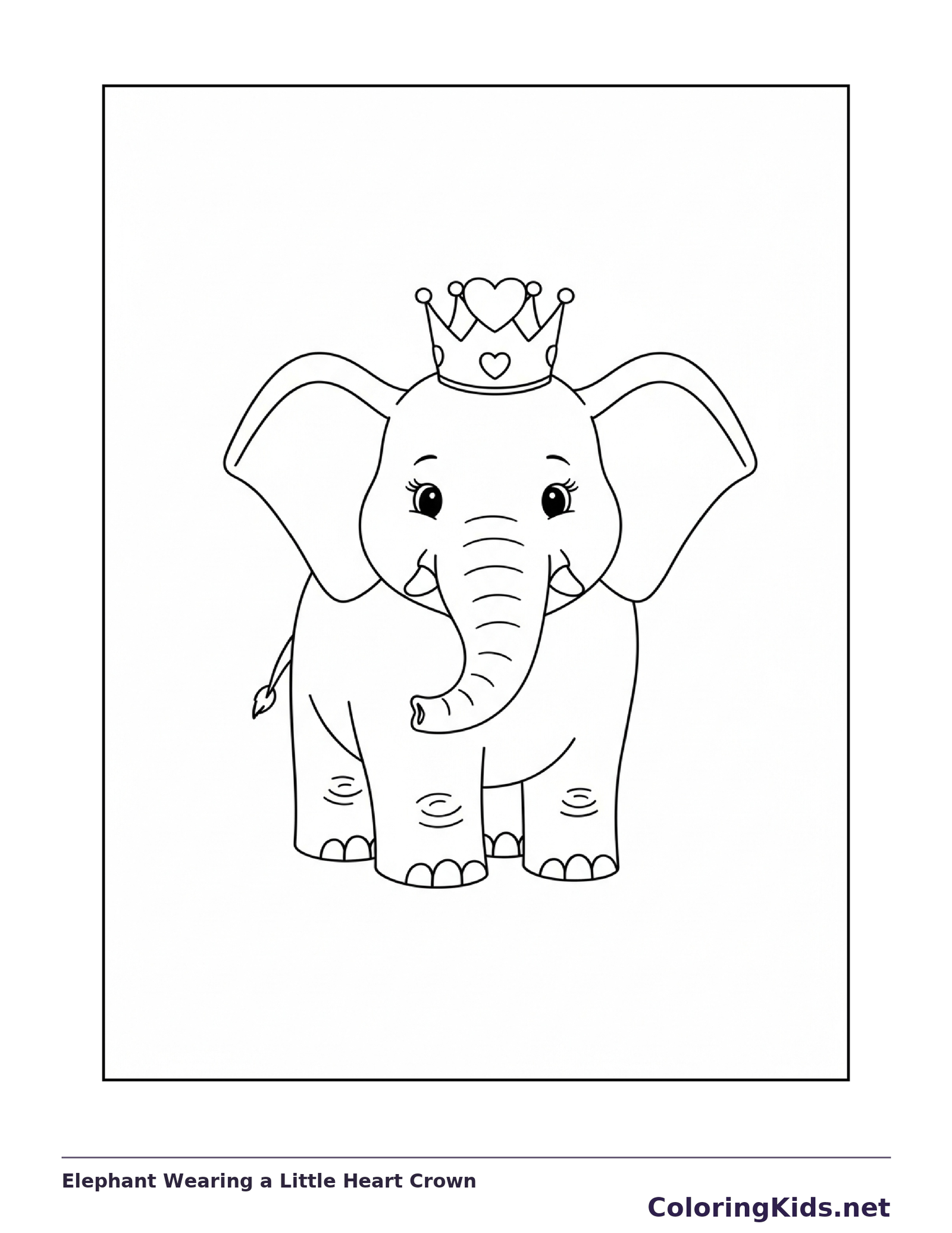 Black and white printable elephant wearing a little heart crown coloring sheet