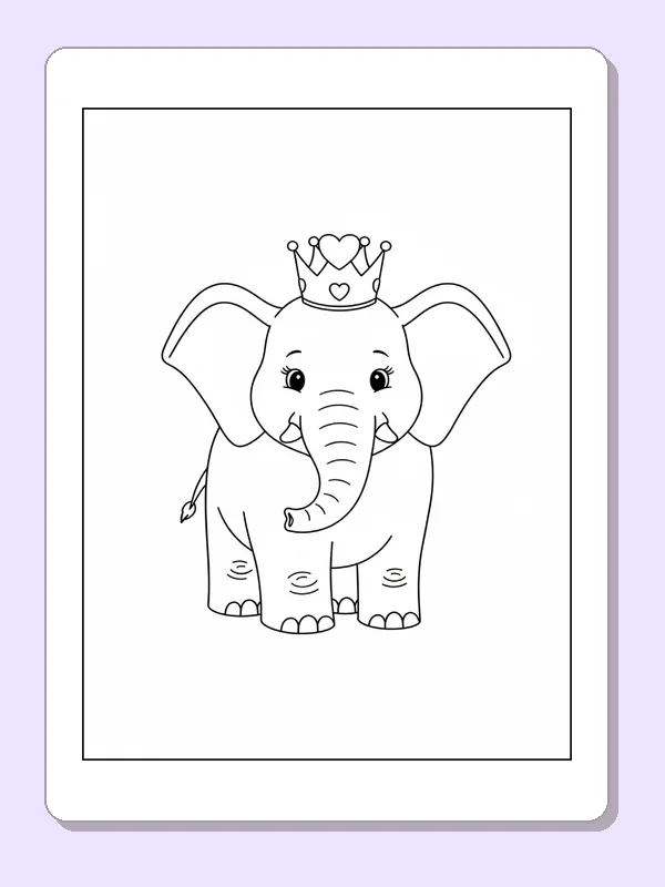 Black and white printable elephant wearing a little heart crown coloring sheet