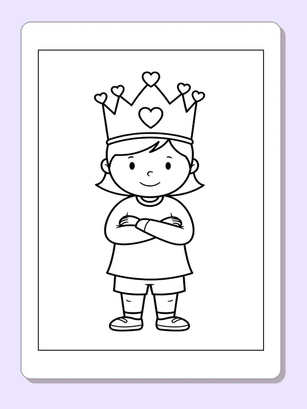 Black and white printable girl folding her arms in a crown coloring sheet
