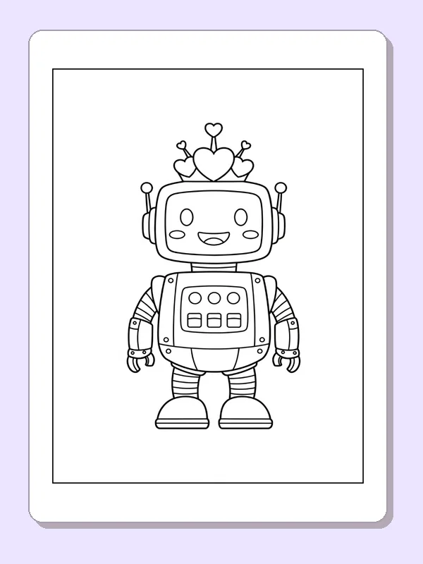 Black and white printable heart-crown robot with square buttons coloring sheet