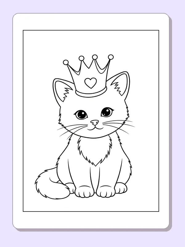 Black and white printable kitten wearing a heart crown coloring sheet