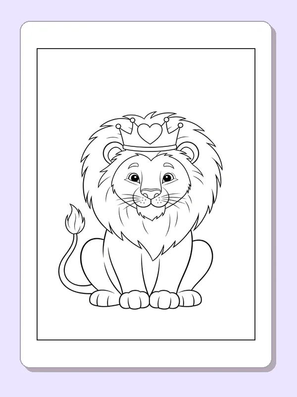 Black and white printable lion wearing a heart crown coloring sheet