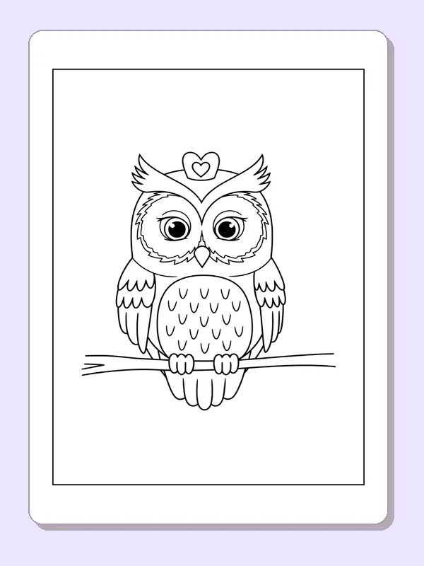 Black and white printable owl perched beneath a heart crown coloring sheet