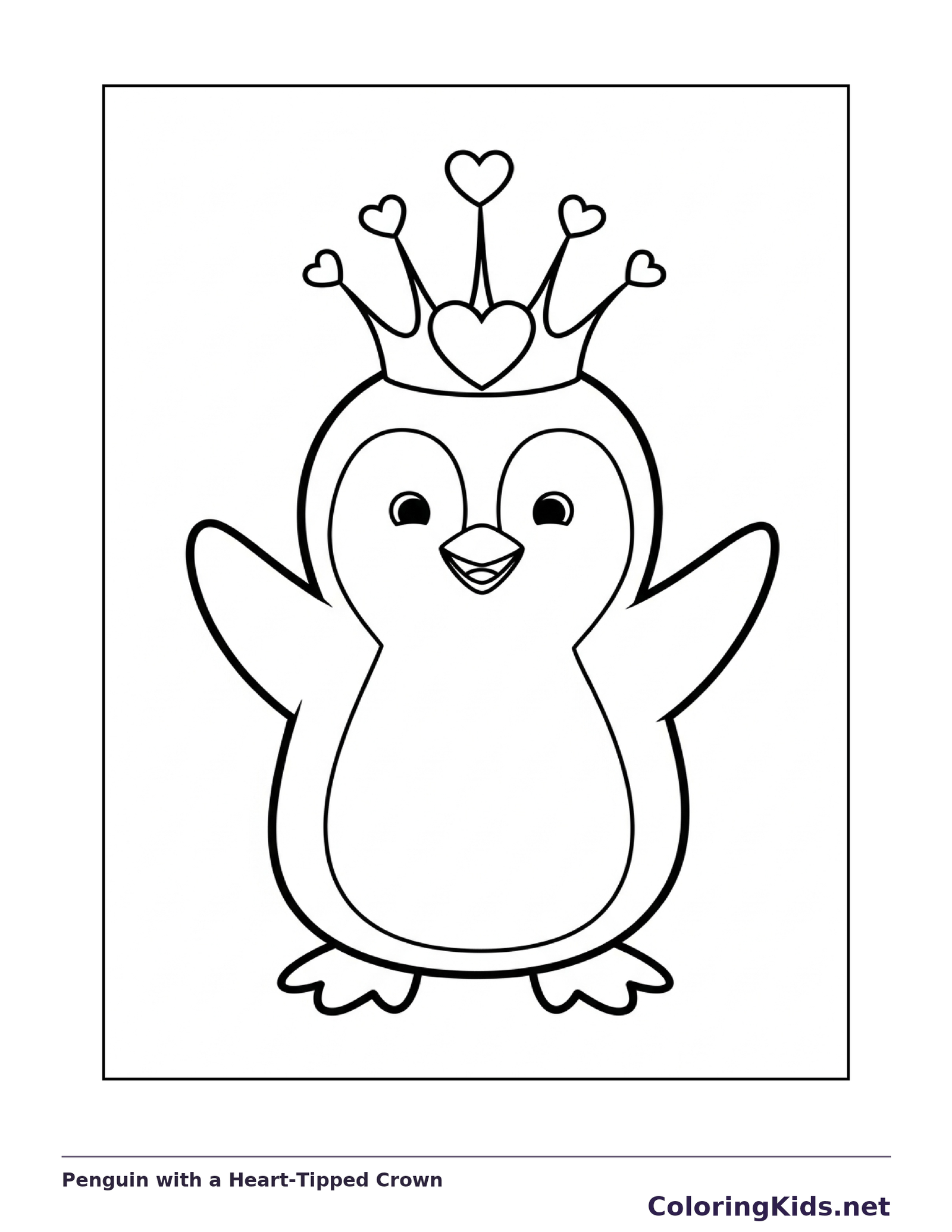Black and white printable penguin with a heart-tipped crown coloring sheet