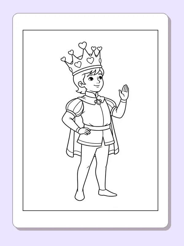 Black and white printable prince waving in a heart crown coloring sheet