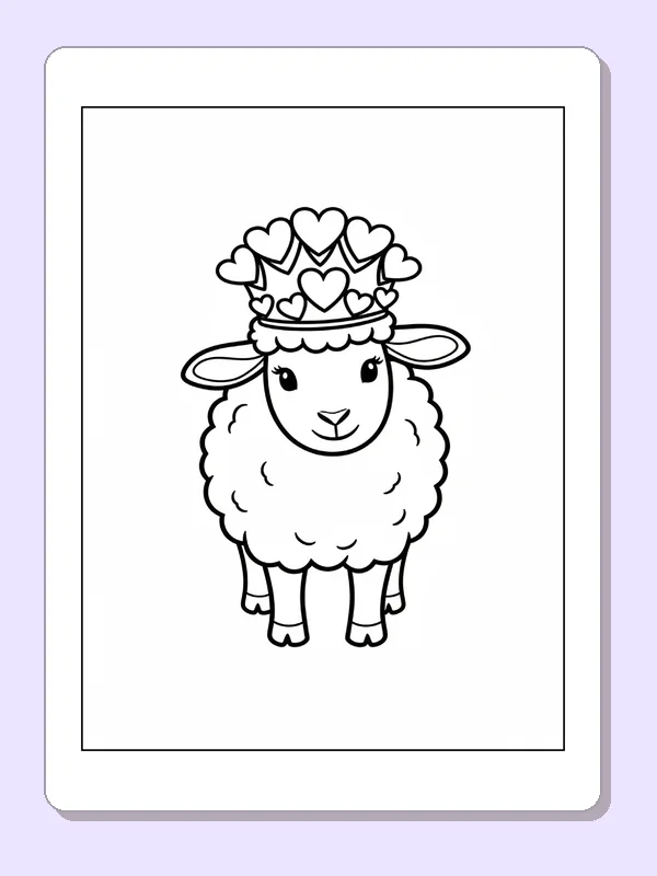 Black and white printable sheep with a tower of heart crowns coloring sheet