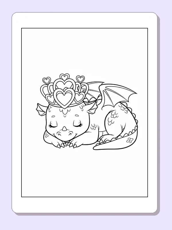 Black and white printable sleeping dragon in a heart crown coloring sheet