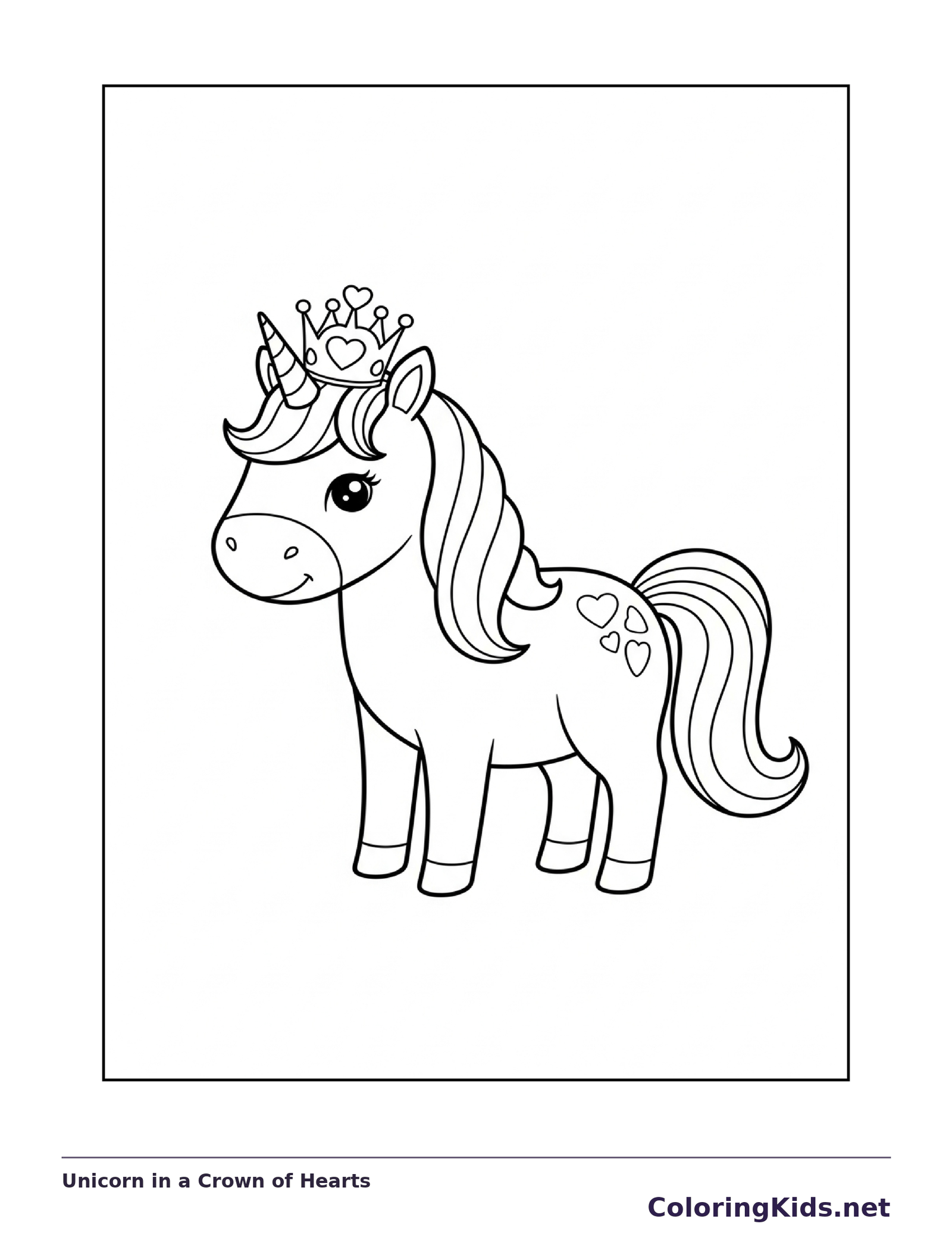 Black and white printable unicorn in a crown of hearts coloring sheet