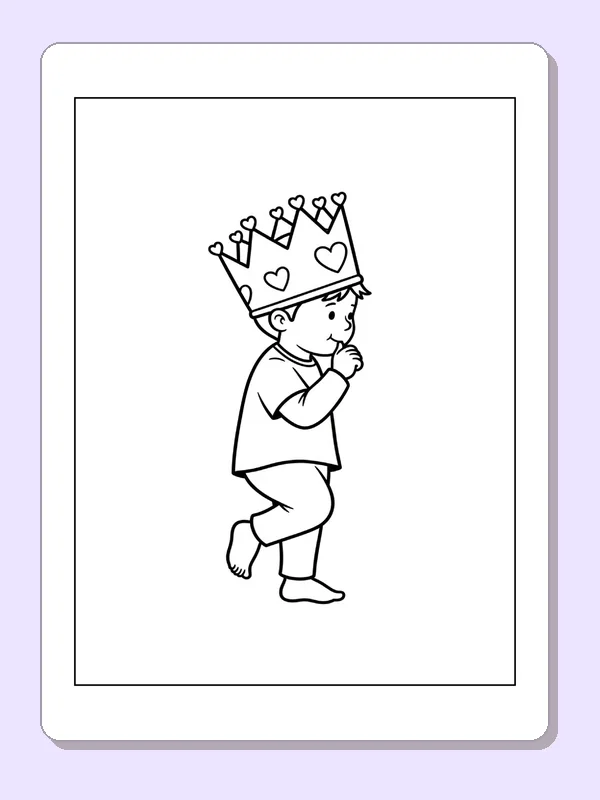 Black and white printable walking child in a heart crown coloring sheet