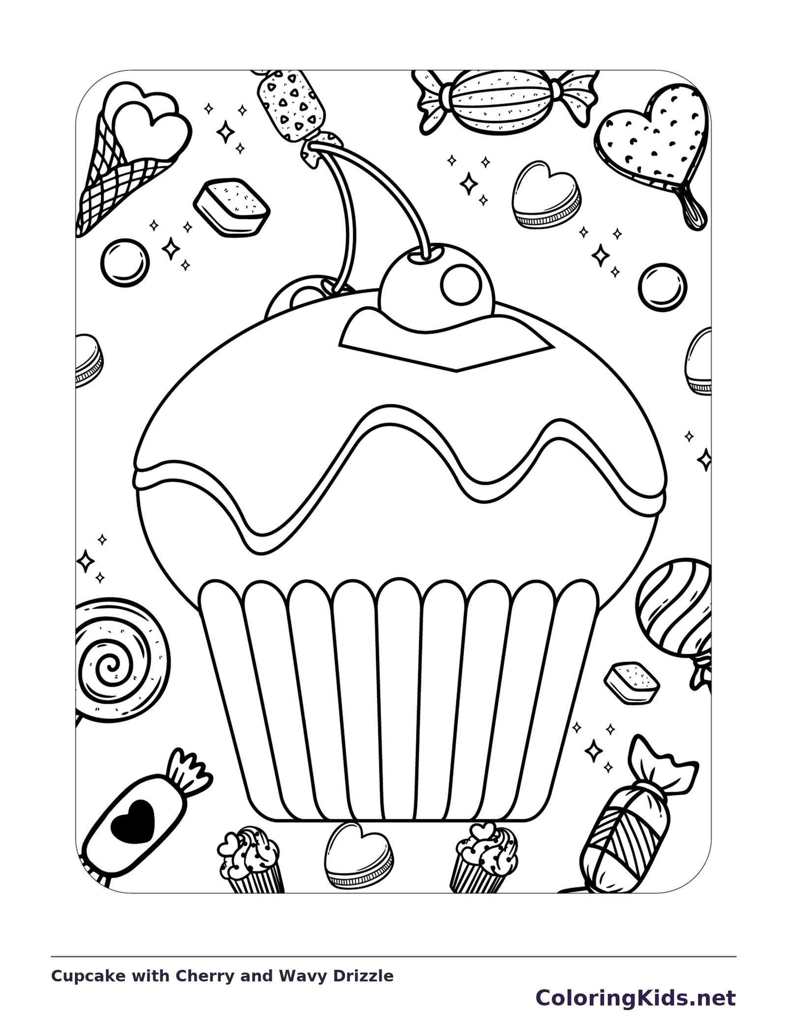 Cupcake with cherry and wavy icing drizzle
