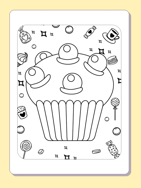 Cupcake with several round candies above pleated wrapper