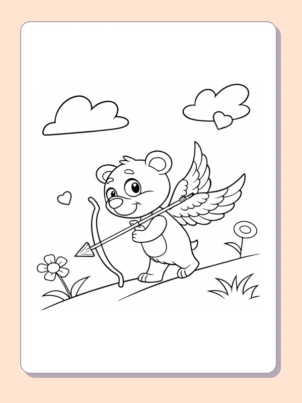Black and white printable bear cupid beside a flower coloring sheet