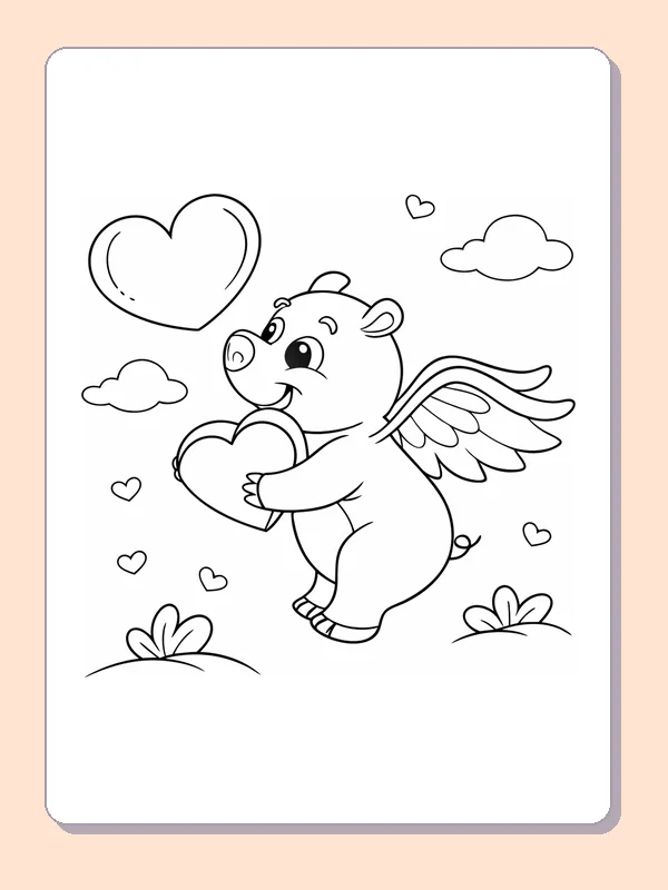 Black and white printable bear cupid hugging a heart coloring sheet