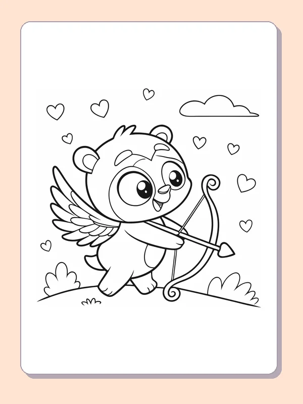 Black and white printable bear cupid in the garden coloring sheet