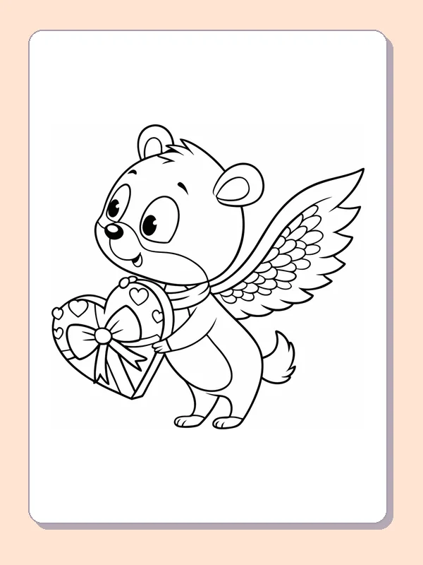 Black and white printable bear cupid with a ribboned gift coloring sheet