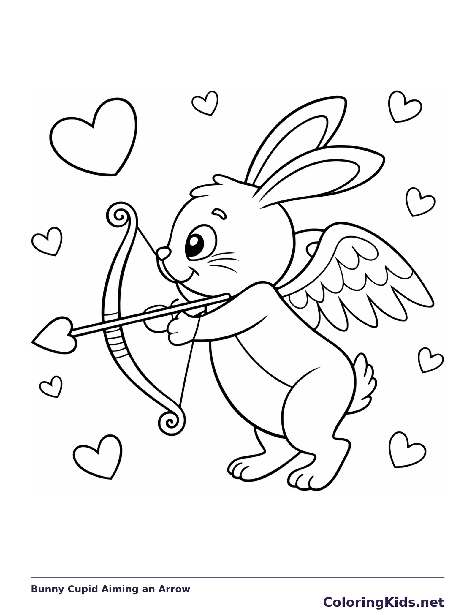 Black and white printable bunny cupid aiming an arrow coloring sheet