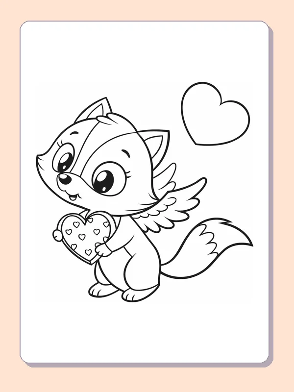 Black and white printable cat cupid with a heart gift coloring sheet