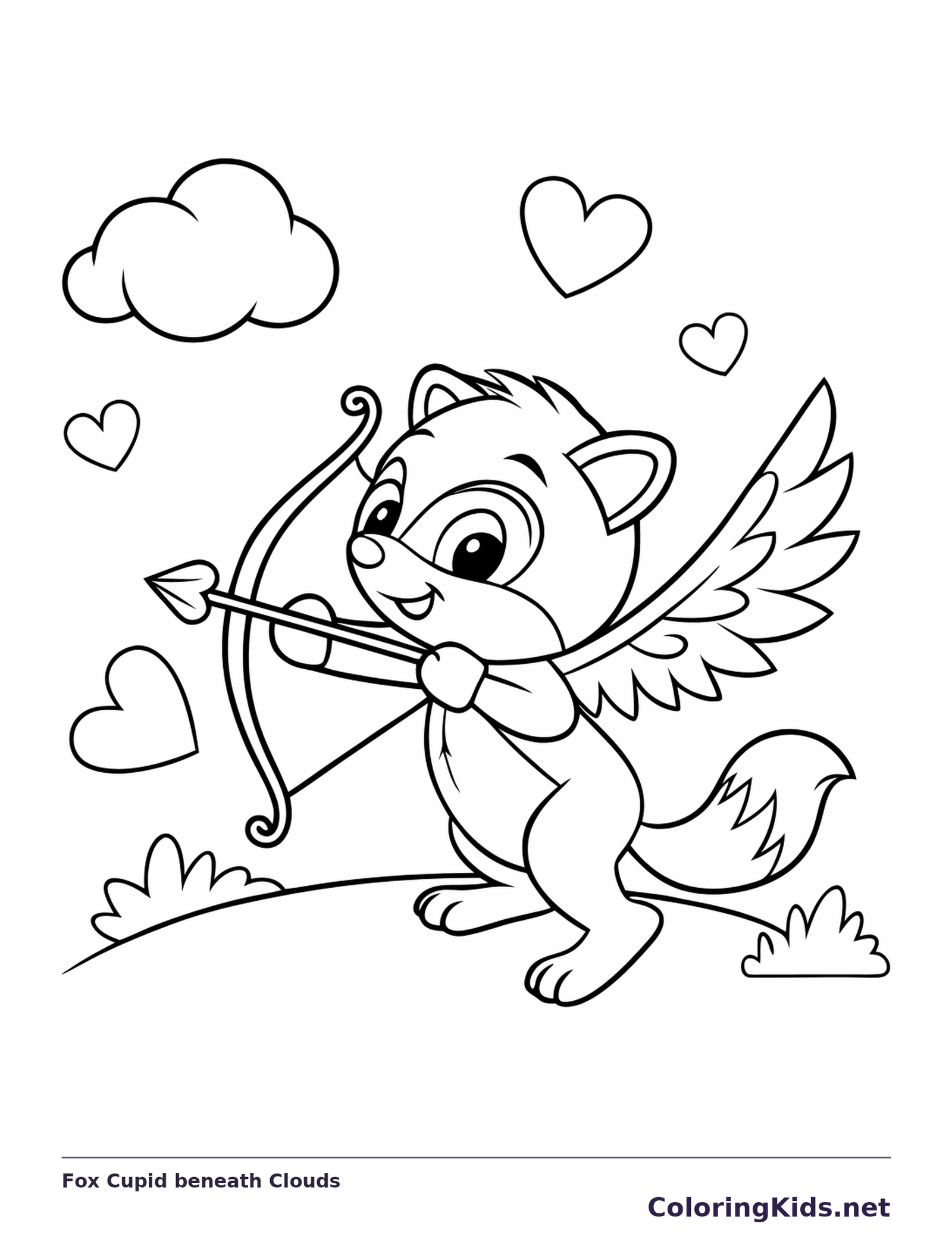 Black and white printable fox cupid beneath clouds coloring sheet