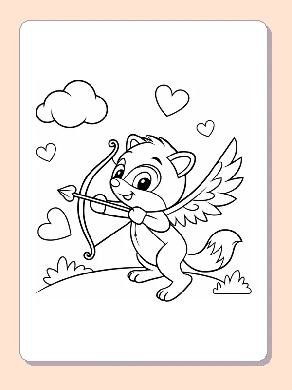 Black and white printable fox cupid beneath clouds coloring sheet