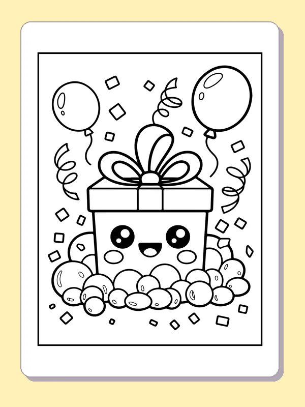 Black and white printable birthday gift with balloons coloring sheet