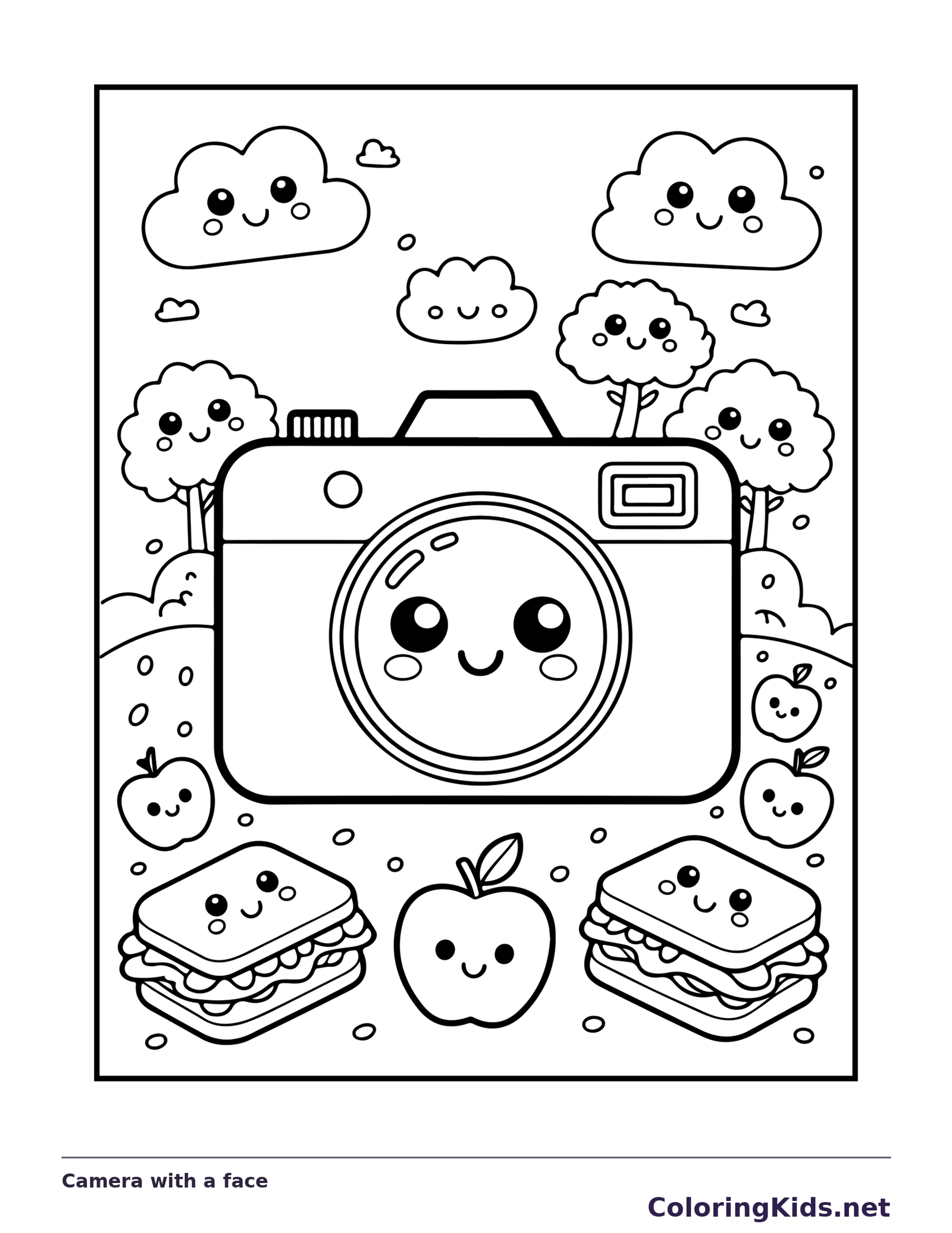 Black and white printable camera with a face coloring sheet