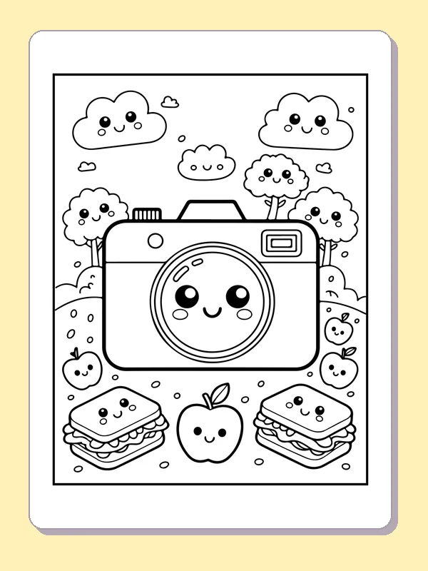 Black and white printable camera with a face coloring sheet