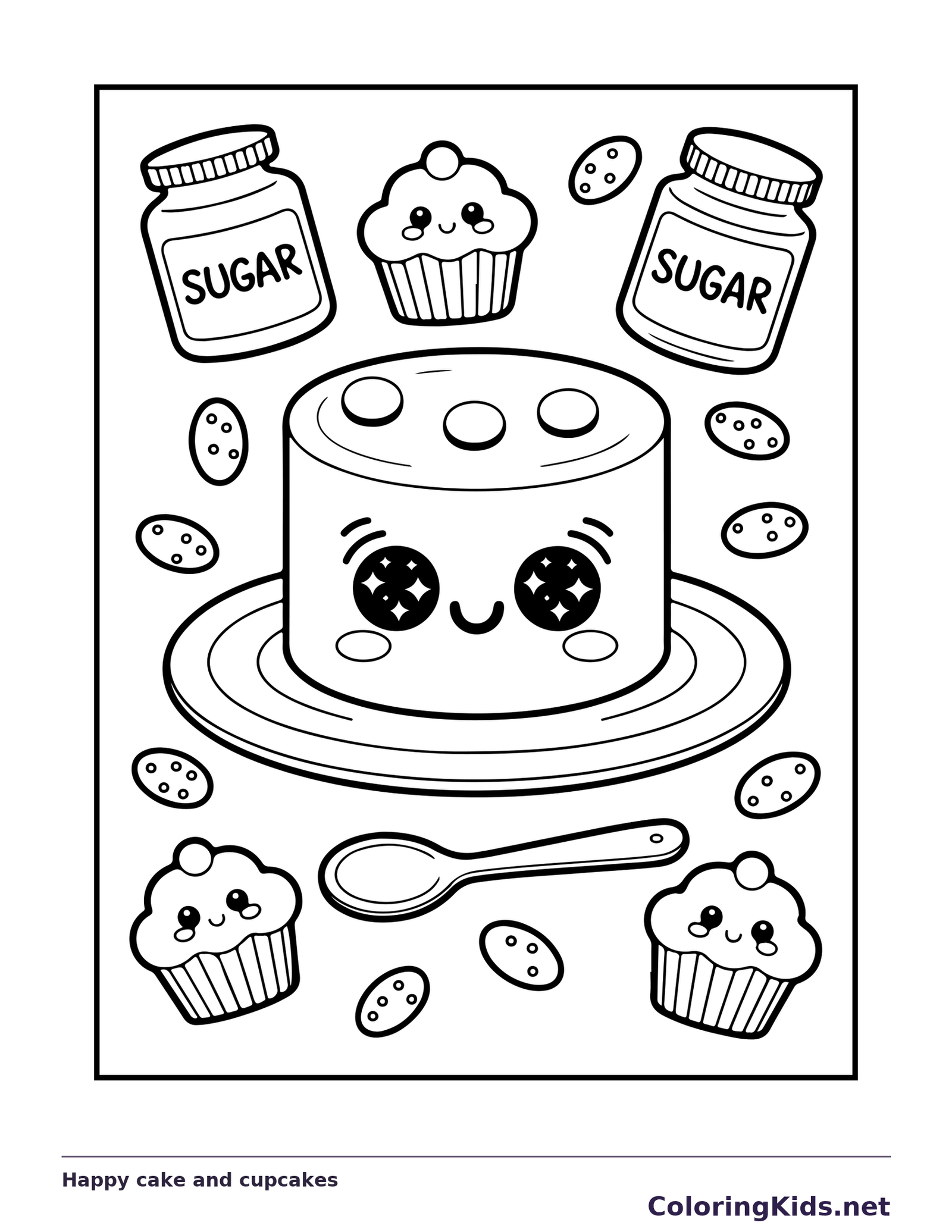 Black and white printable happy cake and cupcakes coloring sheet
