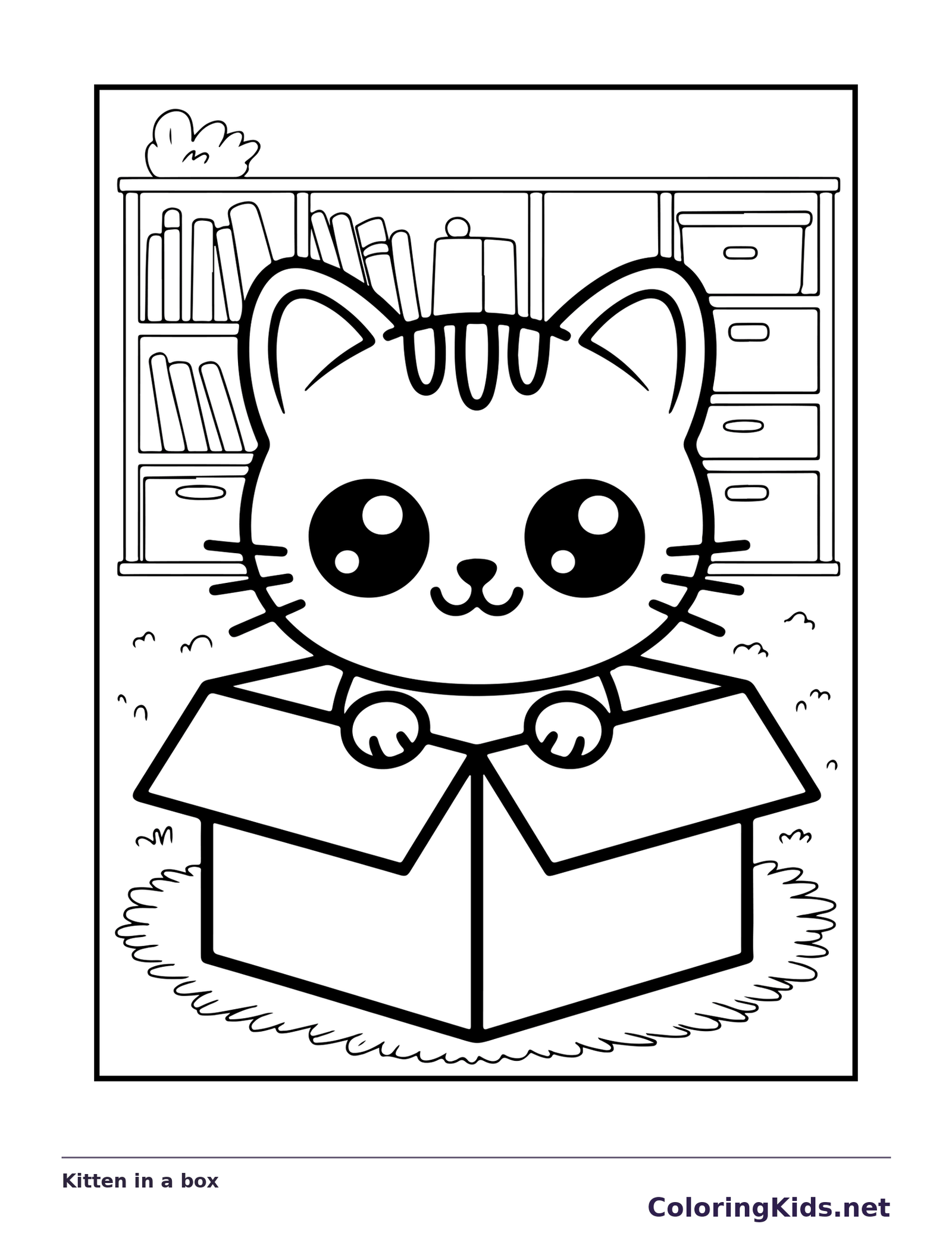 Black and white printable kitten in a box coloring sheet