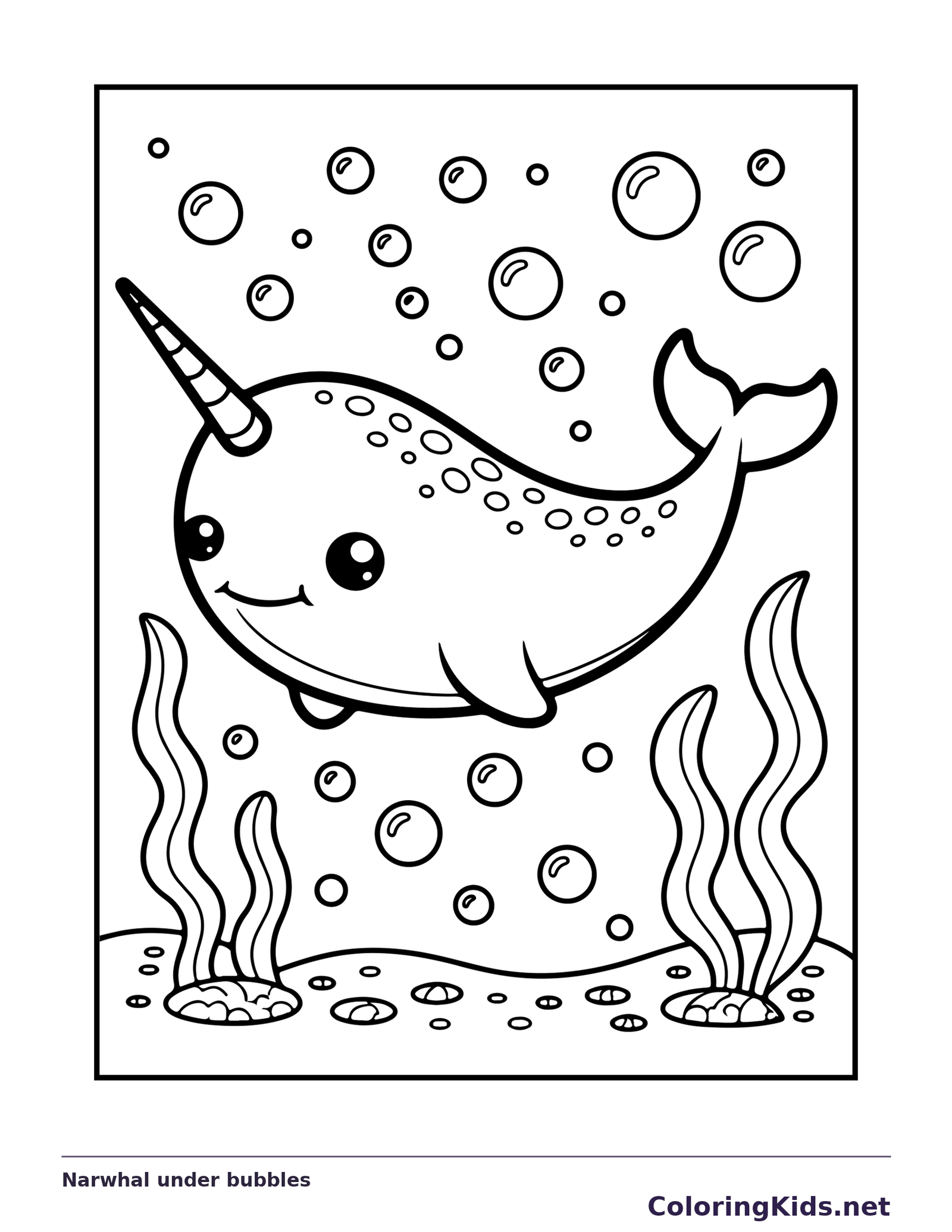 Black and white printable narwhal under bubbles coloring sheet