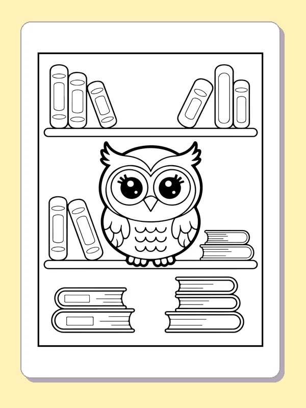 Black and white printable owl in the library coloring sheet