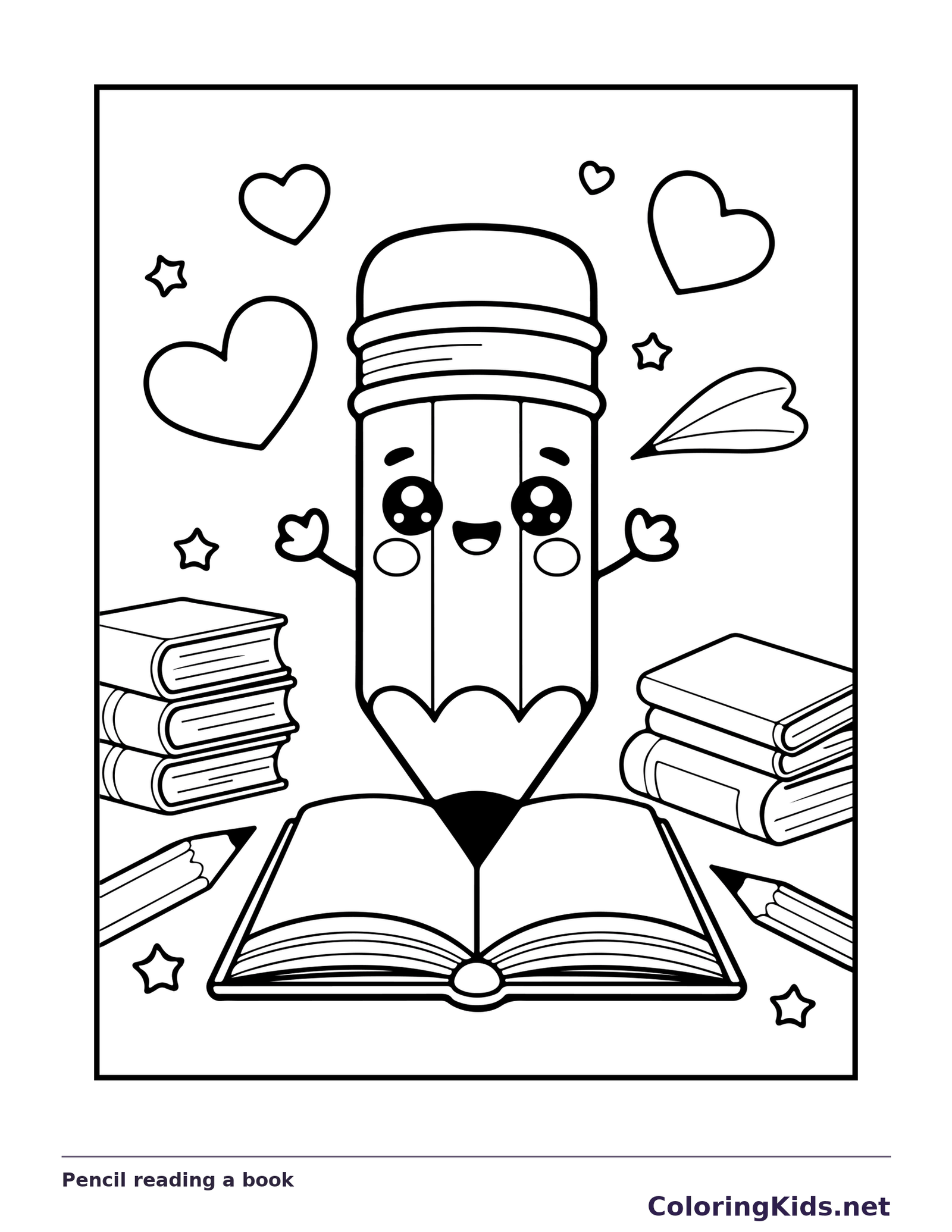 Black and white printable pencil reading a book coloring sheet