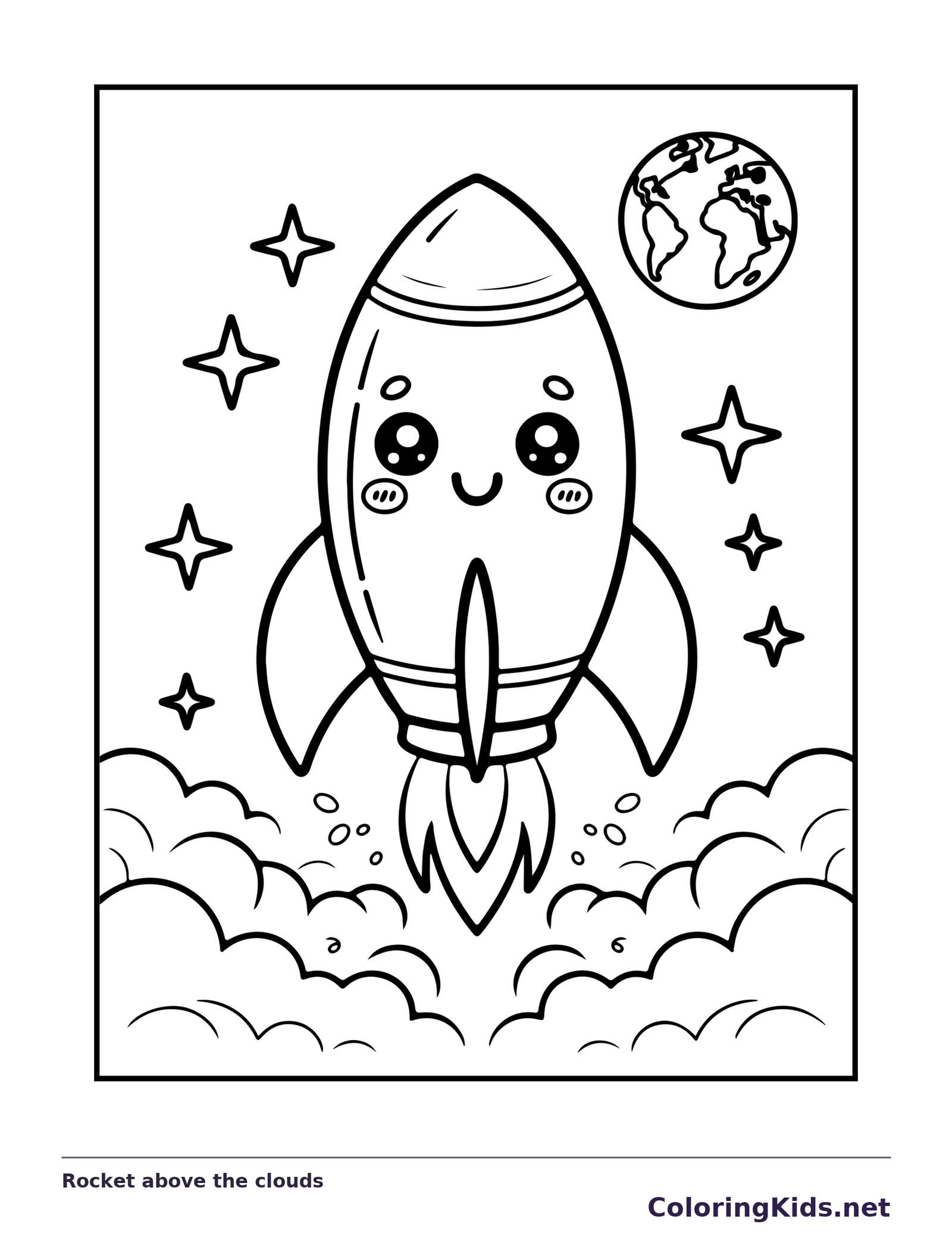 Black and white printable rocket above the clouds coloring sheet