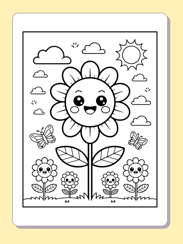 Black and white printable sunflower with a smile coloring sheet