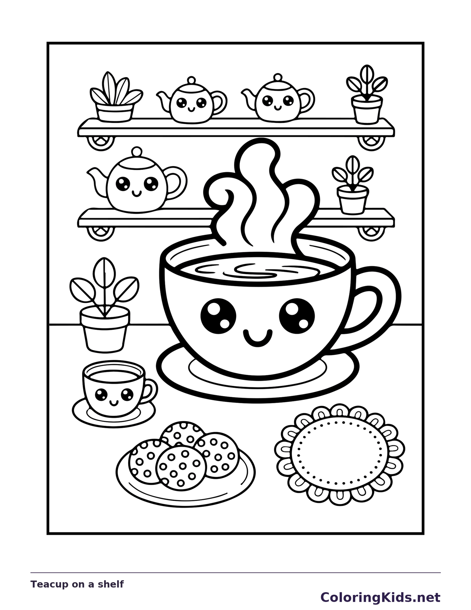 Black and white printable teacup on a shelf coloring sheet