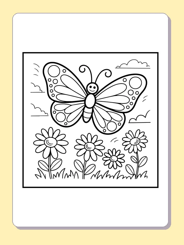Black and white printable butterfly above garden daisies coloring sheet