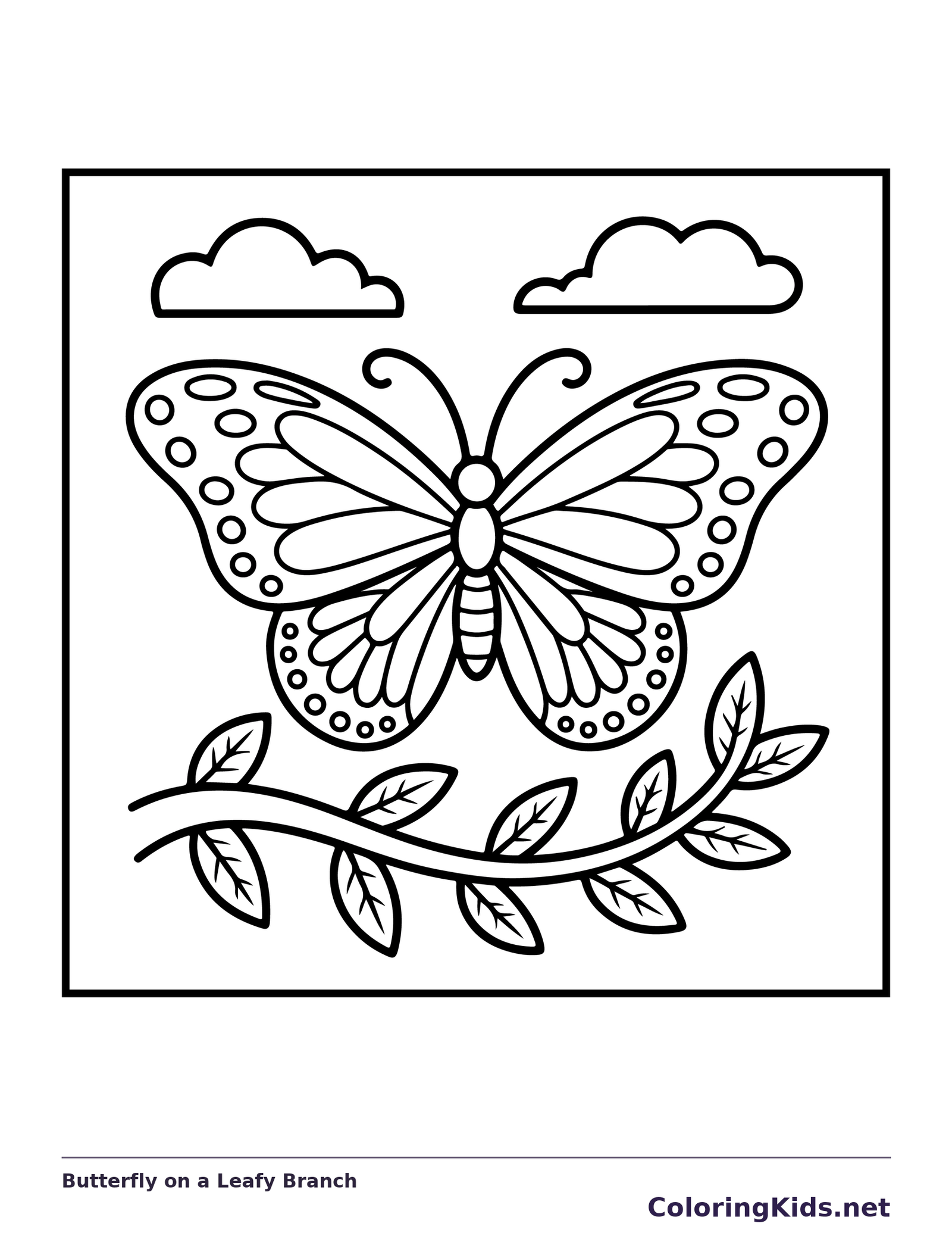 Black and white printable butterfly on a leafy branch coloring sheet