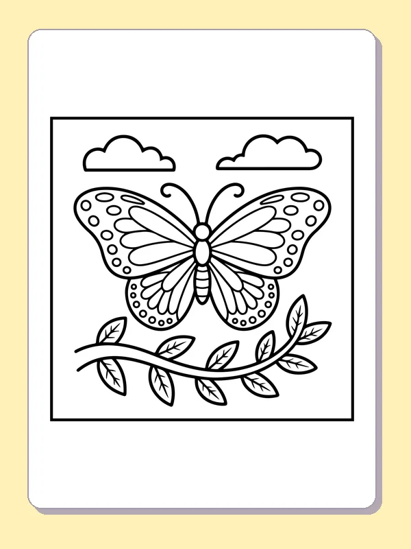 Black and white printable butterfly on a leafy branch coloring sheet