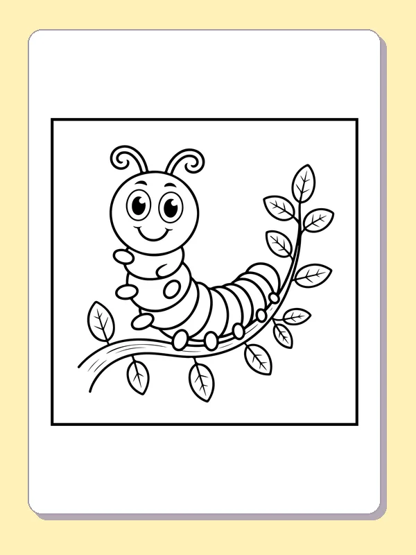Black and white printable caterpillar crossing a twig coloring sheet