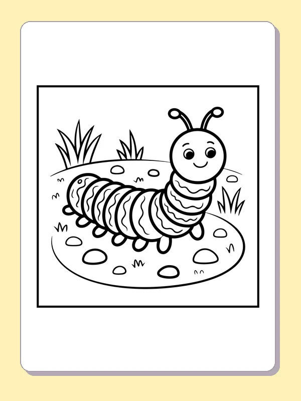 Black and white printable caterpillar on a garden path coloring sheet