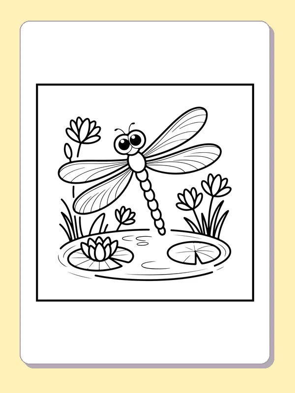 Black and white printable dragonfly above a quiet pond coloring sheet