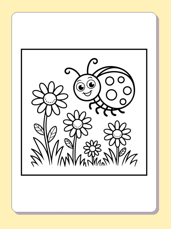Black and white printable ladybug among tall daisies coloring sheet