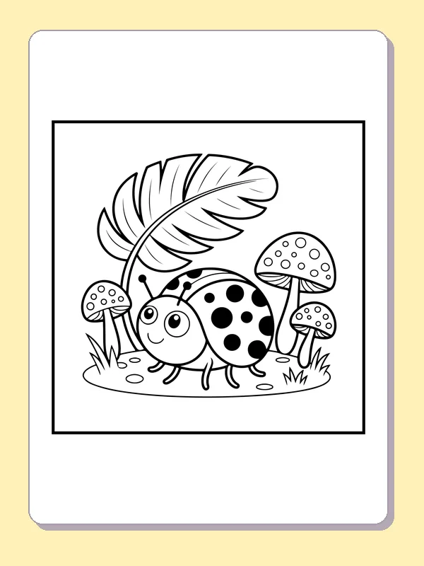 Black and white printable ladybug between mushrooms coloring sheet