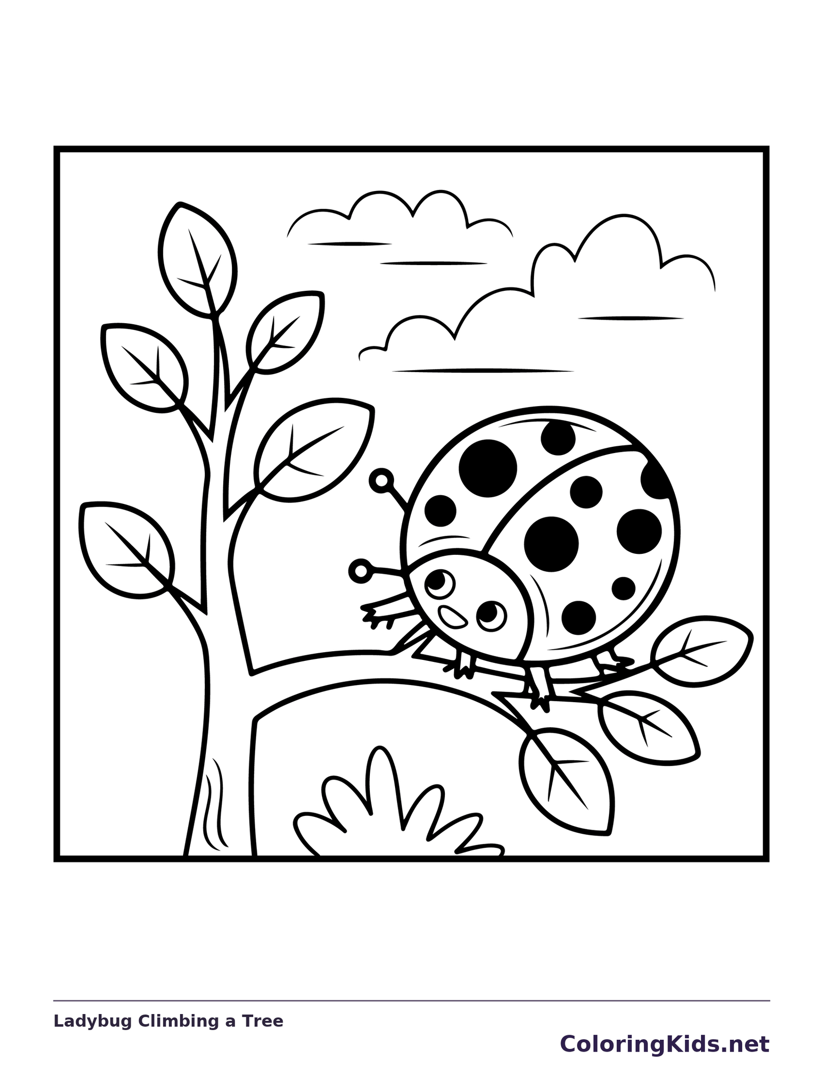 Black and white printable ladybug climbing a tree coloring sheet