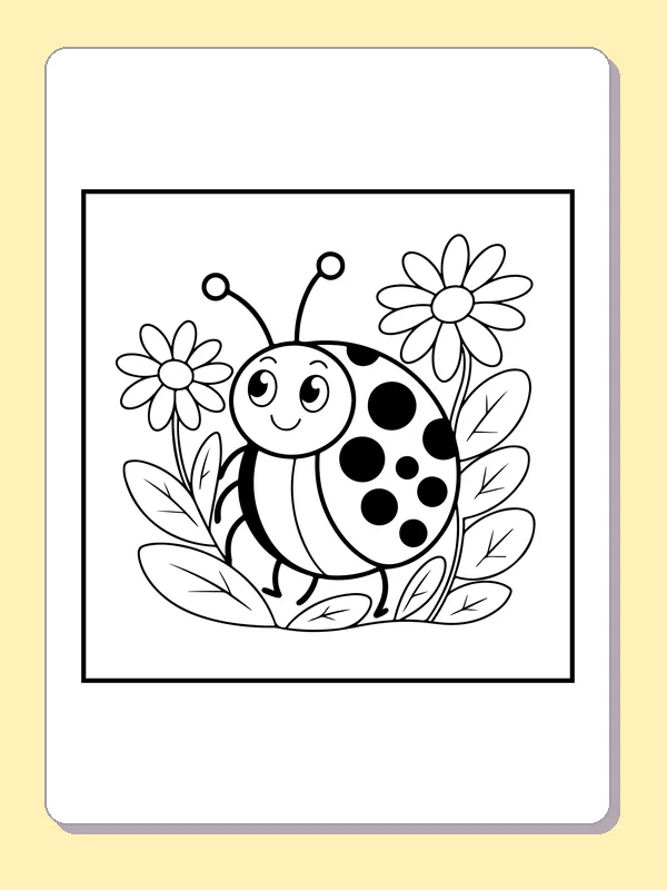 Black and white printable ladybug in a flower patch coloring sheet